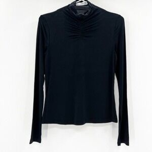 Mango MNG Black Ruched Turtleneck Long Sleeve Top Womens Small Slim Fit Stretch